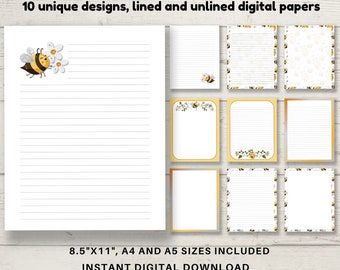Bumblebee Printable Stationery, DIGITAL DOWNLOAD, Printable writing paper in 10 Bumblebee designs. A4, A5 and 8.5x11 pdf jpg digital papers
