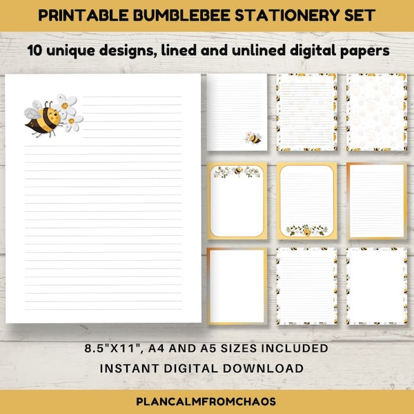 Bumblebee Printable Stationery, DIGITAL DOWNLOAD, Printable writing paper in 10 Bumblebee designs. A4, A5 and 8.5x11 pdf jpg digital papers