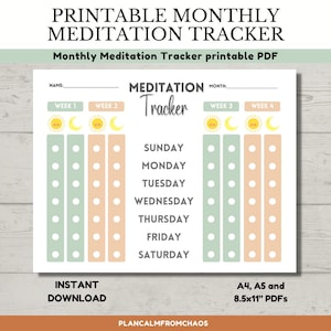 Monthly Meditation Tracker PDFs in 3 sizes. A4, A5 and 8.5x11. Bujo and planner meditation tracker printables. Mindfulness tracker printable