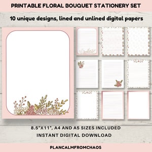 Druckbares Blumen-Briefpapier-Set, DIGITALER DOWNLOAD, bedruckbares Briefpapier in 10 Blumen-Designs. A4, A5, 8,5x11 pdf und jpg digitale Papiere