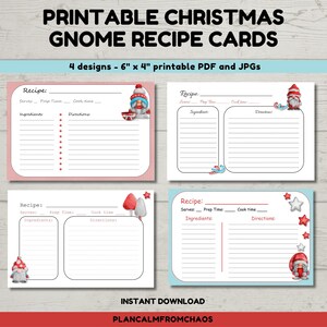 Printable Christmas Recipe Cards, digital download, 6"x4", 4 Christmas Gnome DIY recipe cards, holiday recipe cards, xmas recipe cards