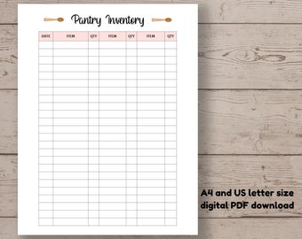 May include: Printable pantry inventory tracker in a digital PDF download format. The tracker has columns for date, item, and quantity. The title of the tracker is "Pantry Inventory" with a spoon on each side of the title.