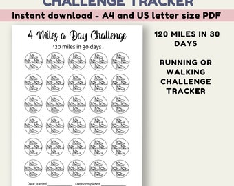 May include: Printable 4 Miles a Day Challenge Tracker, a black and white printable chart with 30 circles, each containing a graphic of a running shoe, to track progress towards completing a 120 mile running or walking challenge. The text "120 miles in 30 days" is at the top of the chart. The text "Date started" and "Date completed" are at the bottom of the chart.