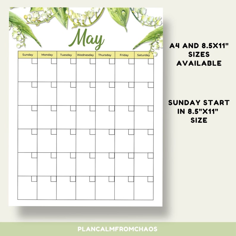 Printable May Monthly Calendar DIGITAL DOWNLOAD May Undated | Etsy
