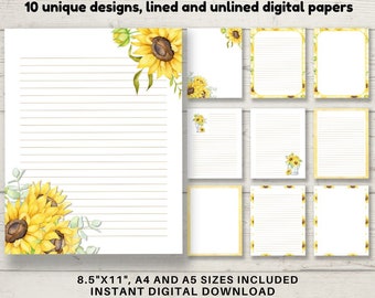 Printable Sunflower Stationery, DIGITAL DOWNLOAD, Printable writing paper in 10 floral designs. A4, A5 and 8.5x11 pdf and jpg digital papers