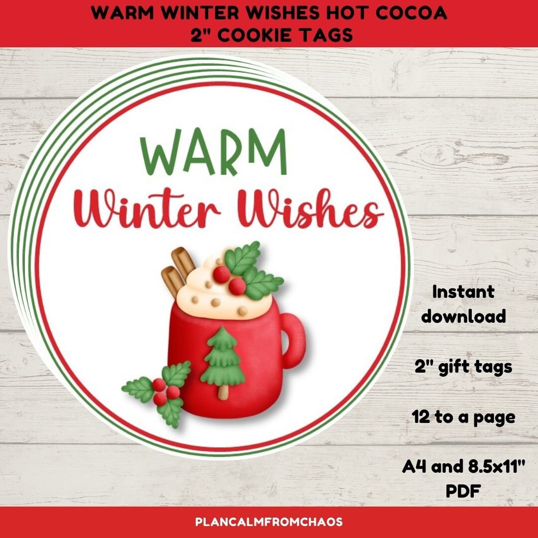 Printable Christmas Hot Cocoa Tags, 2 Circle, DIGITAL DOWNLOAD, Warm ...