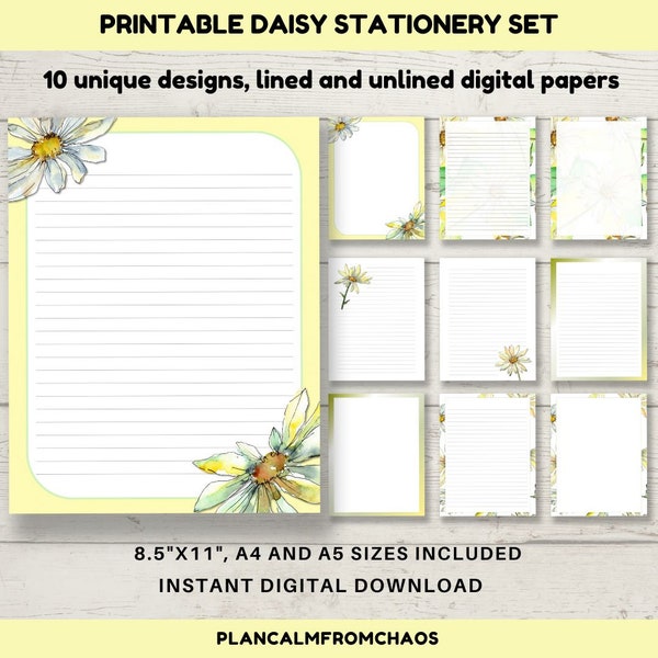 Daisy Printable Stationery, DIGITAL DOWNLOAD, Printable writing paper in 10 floral daisy designs. A4, A5 and 8.5x11 pdf jpg digital papers