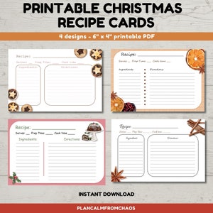 Printable Christmas Recipe Cards, digital download, 6"x4", 4 Christmas baking DIY recipe cards, holiday recipe cards, xmas recipe cards