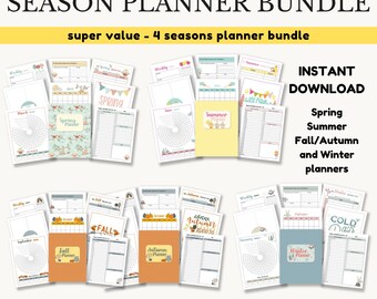 May include: Printable undated seasonal planner bundle with four different covers for spring, summer, fall, and winter. Each cover features a different color scheme and design with a seasonal theme. The text "INSTANT DOWNLOAD" is in the top right corner of the image.