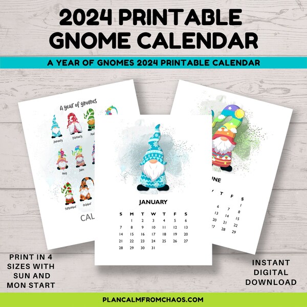 2024 Printable Gnome Calendar, DIGITAL DOWNLOAD, US letter, A4, 7x5 and 6x4, monday and sunday start, 2024 calendar, monthly calendar