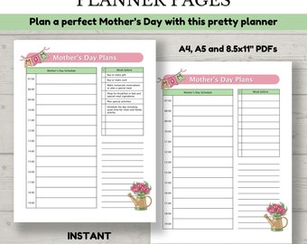Printable Mother's Day Planner Page. DIGITAL DOWNLOAD Plan a perfect Mother's Day with this pretty printable PDF. A4, A5 and 8.5x11" sizes