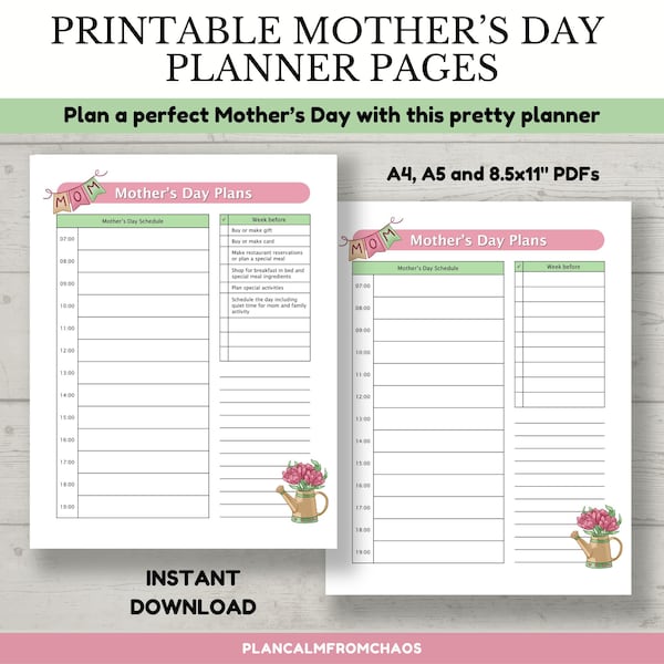 Printable Mother's Day Planner Page. DIGITAL DOWNLOAD Plan a perfect Mother's Day with this pretty printable PDF. A4, A5 and 8.5x11" sizes