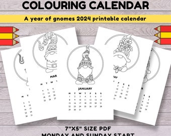 Printable 2024 Colouring Calendar, Gnome calendar, DIGITAL DOWNLOAD, Printable gnome calendar in 7x5" size. Monday start and Sunday start.