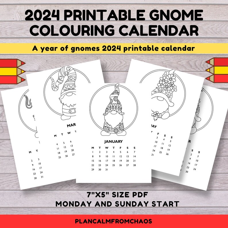 Printable 2024 Colouring Calendar, Gnome Calendar, DIGITAL DOWNLOAD