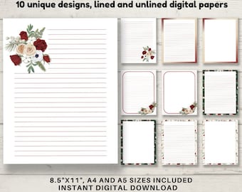 Printable Winter Floral Stationery Set, DIGITAL DOWNLOAD, Printable writing paper in 10 floral designs. A4, A5 8.5x11 pdf jpg digital papers