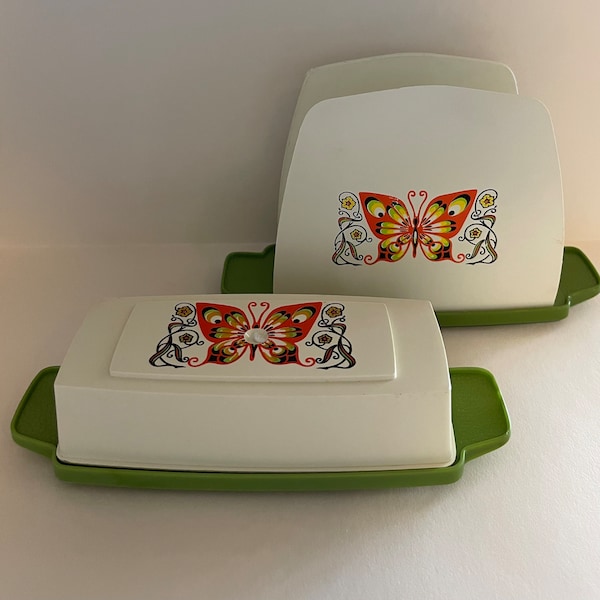 Vintage Sterilite Table Mates Butterfly Butter Dish & Napkin Holder Boho Kitschy Kitchen Decor Groovy Tabletop