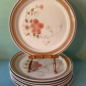 Set of Seven Vintage Hearthside Watercolors Blush Boho Stoneware Dinner Plates Mod MCM Retro 1970&#39;s 10.75&quot;