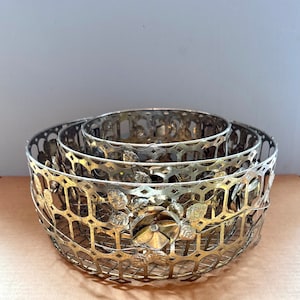 Vintage MCM Metal Wire Nesting Baskets with Sculpted Flowers (Set of Three)