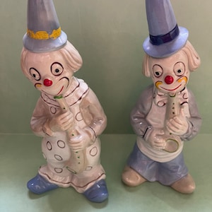 Pair Vintage Ceramic Hobo Clown Musicians Horn Players