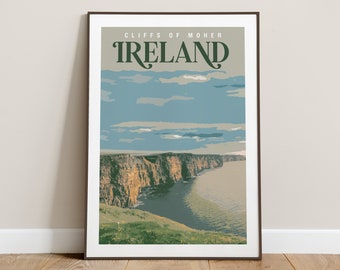 May include: A vintage travel poster featuring a scenic view of the Cliffs of Moher in Ireland. The poster has a blue sky with white clouds, a green grassy hillside, and a view of the cliffs overlooking the ocean. The text "Cliffs of Moher" and "Ireland" is printed in a retro font.