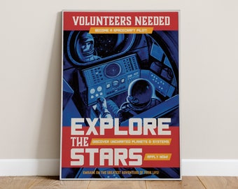 Explore the Stars Vintage Space Travel Spaceship Poster