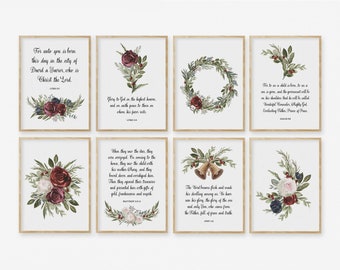 Floral Watercolor Christian Bible Verses Christmas Wall Art Set of 8