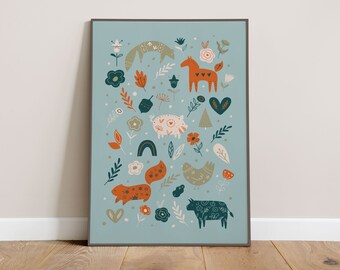 Nordic Scandinavian Botanical Animal Folk Illustrations Print - Light Blue