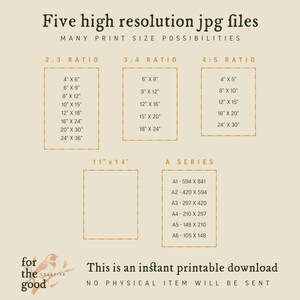 May include: A digital download graphic design product listing for five high-resolution JPG files. The image shows a variety of print size possibilities for the files, including 2:3, 3:4, and 4:5 ratios, as well as standard A-series sizes. The text "This is an instant printable download. No physical item will be sent." is included in the image.