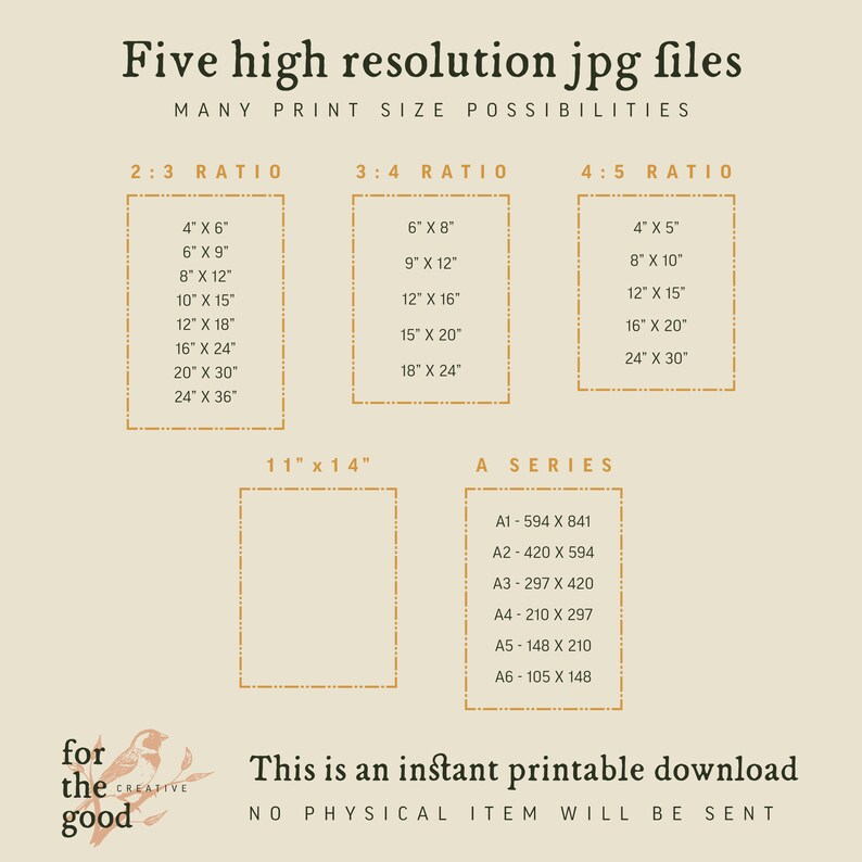 May include: A digital download graphic design product listing for five high-resolution JPG files. The image shows a variety of print size possibilities for the files, including 2:3, 3:4, and 4:5 ratios, as well as standard A-series sizes. The text "This is an instant printable download. No physical item will be sent." is included in the image.