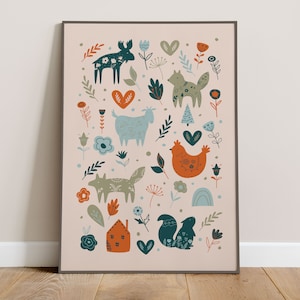 Scandinavian Nursery Animal Folk Illustrations Print - Tan