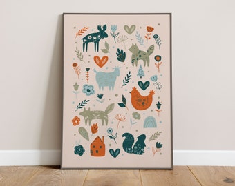 Scandinavian Nursery Animal Folk Illustrations Print - Tan