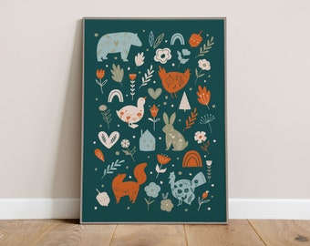 Nordic Nursery Scandinavian Animal Folk Print - Dark Teal