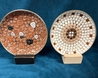 Vintage MCM Set of Two Ceramic Mosaic Ashtrays/Trinket Trays/Catchall Trays