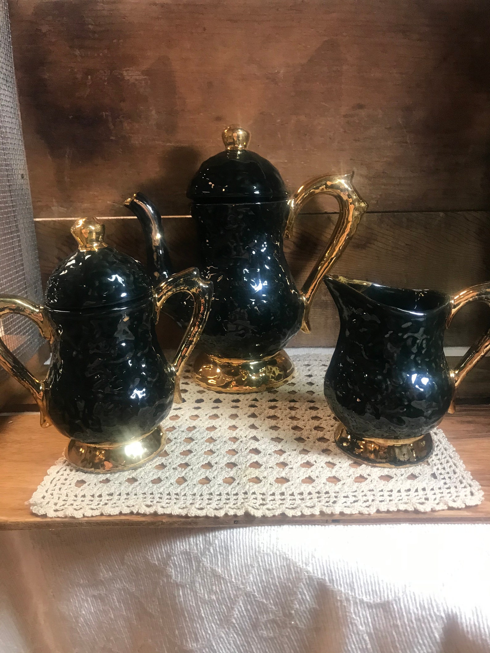 Rare Unique Tea Set Vintage MCM Pottery Black and Gold Etsy