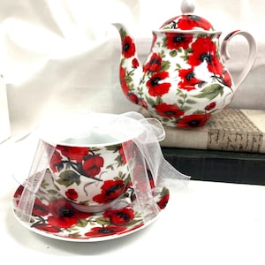 Kent Pottery "Red Poppy" Teapot with Matching Cup and Saucer