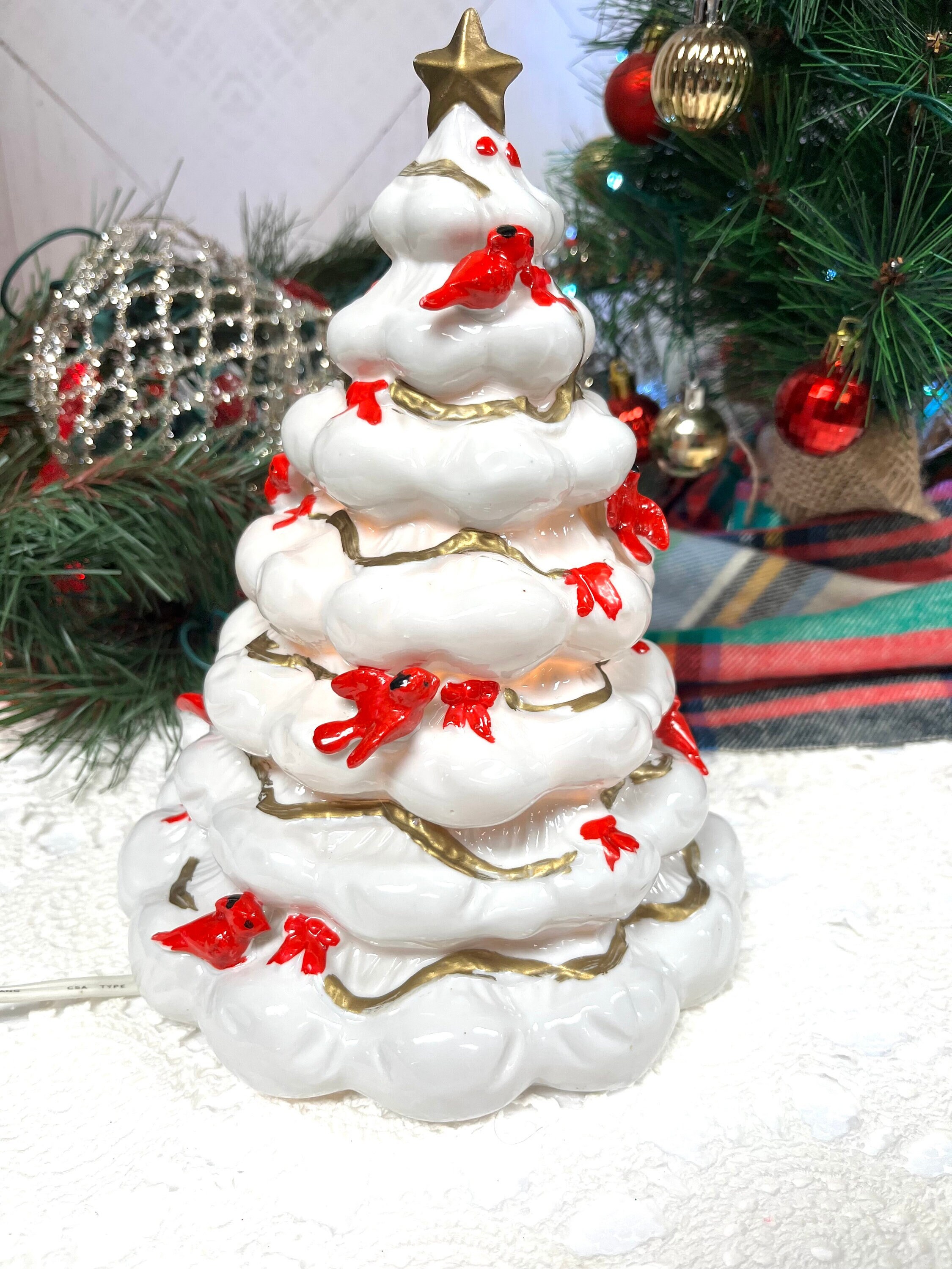 Ceramic Christmas Tree White Small Red Birds Gold Shimmer and Icy