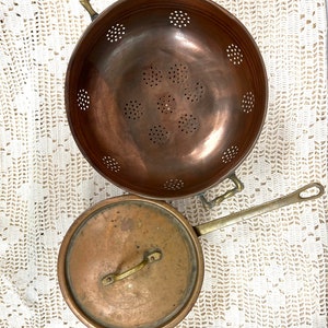 Two Vintage Copper Kitchenware Items Colander and Saucepan