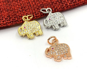 Charm éléphant CZ, pendentif mini éléphant, argent, or, or rose, pavé d'oxydes de zirconium cubiques, pendentif à breloques, pour collier, bracelet, breloques DIY