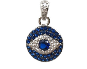 Sterling silver Round Evil Eye Pendant, Royal Blue Evil Eye Charm, Royal Blue CZ Pave evil eye pendant, Canadian Supplier, Bulk Buy