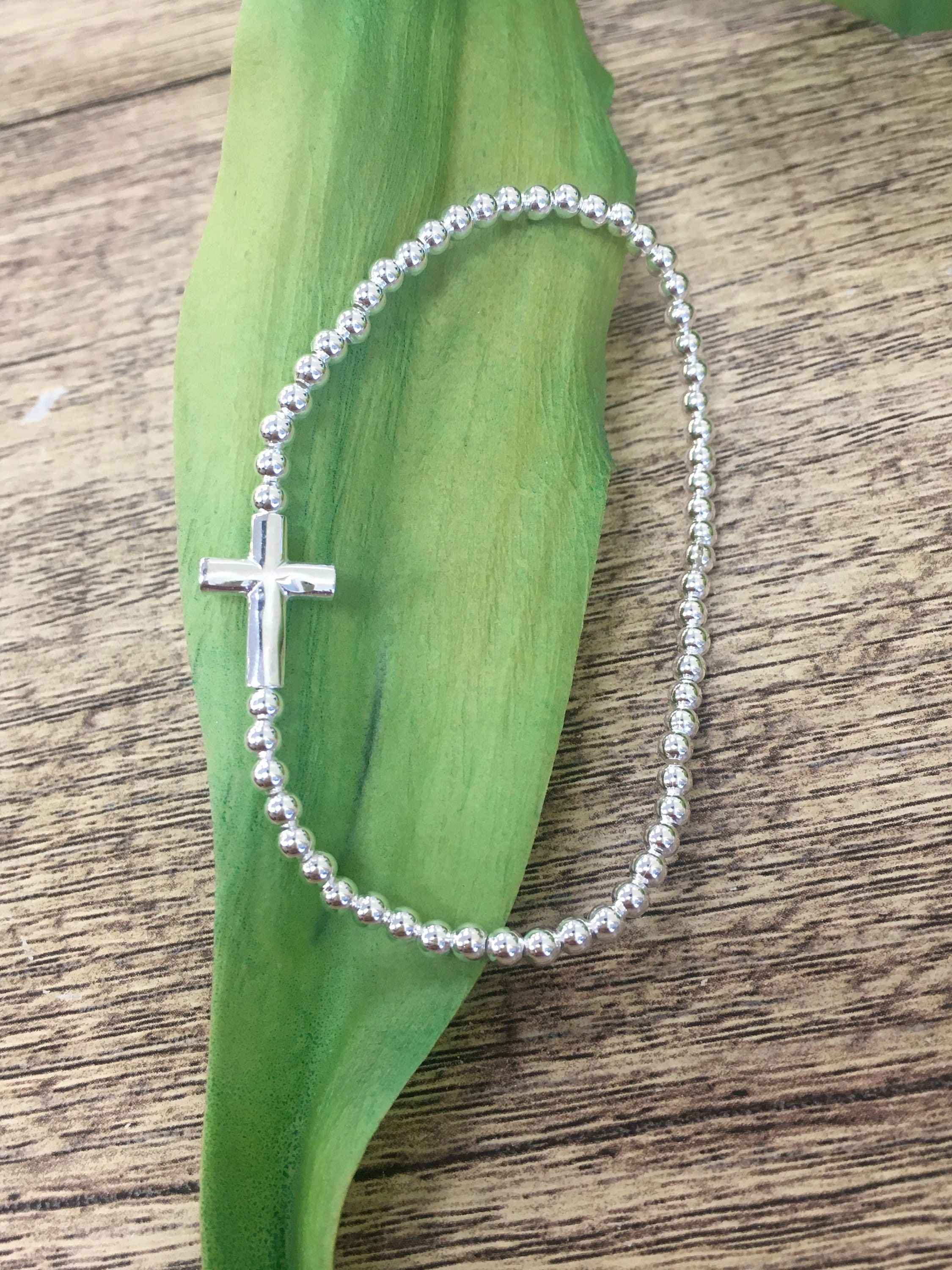 Sterling Silver Cross Bracelet, 3mm Sterling Silver Stretchy Bracelet W