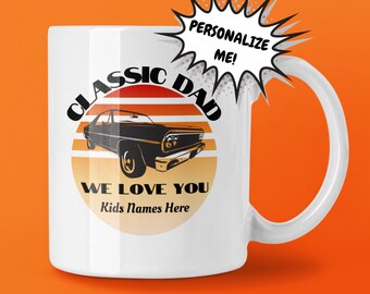 Car Dad Gift. Custom Classic Car Dad Mug. Retro Sunset Car Mug. Custom Vintage Car Mug. Personalized Father's Day Mug for Car Loving Dads.