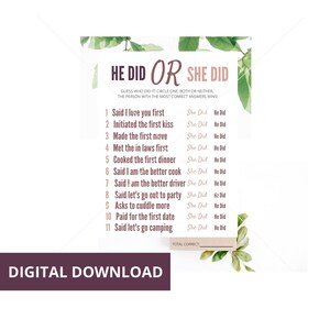 Jeu de douche nuptiale. Il a dit elle a dit. Jeux de société. Téléchargement instantané. Il l&#39;a fait ou elle l&#39;a fait. Qui est le premier. mariage