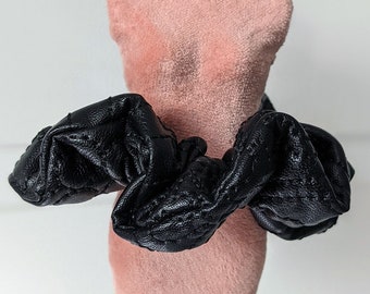 Throwback Scrunchie - Black Embroidered Vegan PU Leather! A handmade hair accessory for ponytails