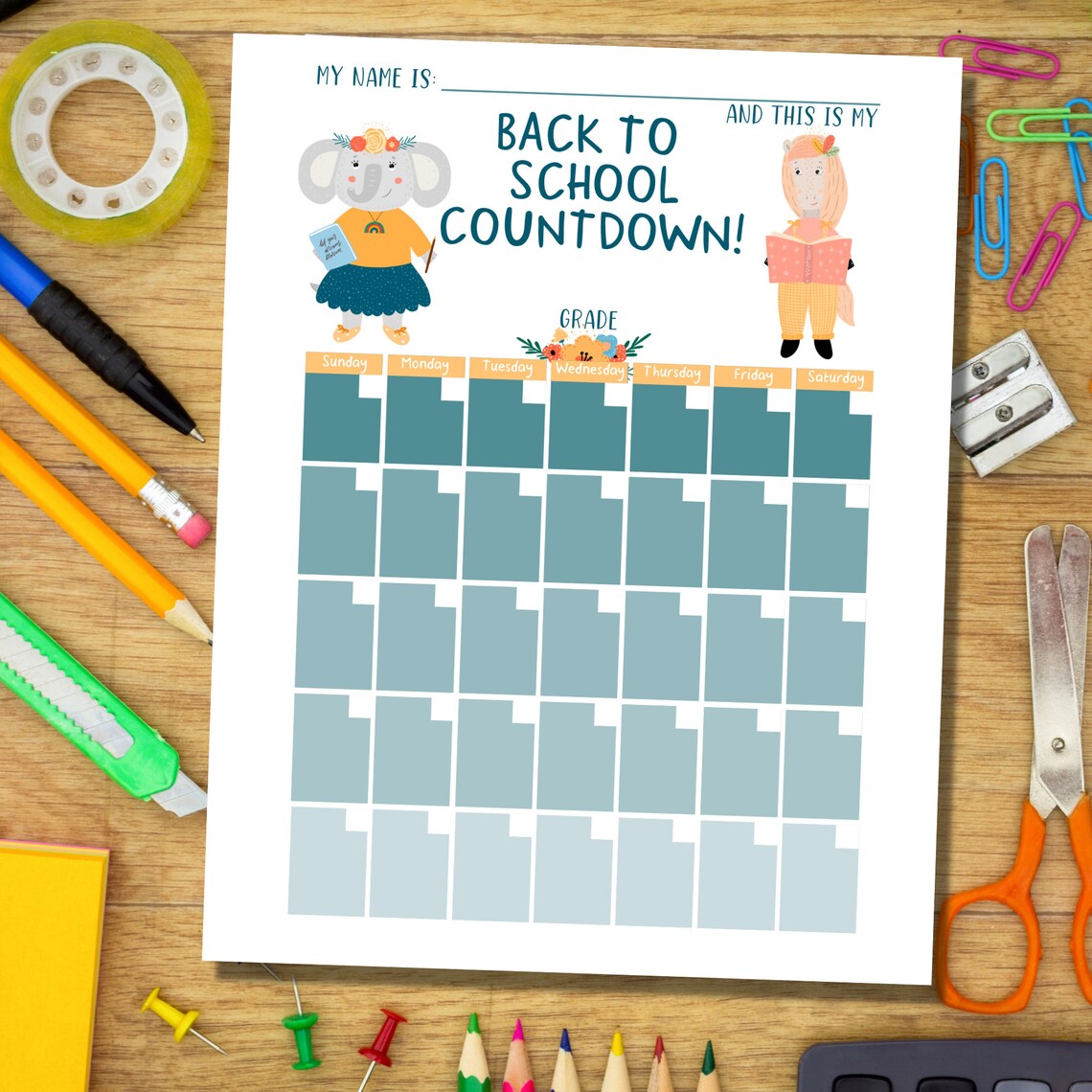Back to School Countdown Calendar Cute Cartoon Animals Etsy