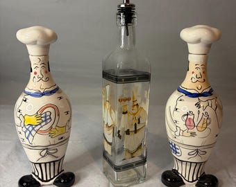 Juego de aceitera y vinagrera Vintage Chef con botella decorativa / Decantadores de cerámica pintados a mano / Decoración para encimera de cocina