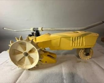 Vintage Nelson Cast Iron Traveling Tractor Lawn Sprinkler - Yellow "Rain Train" Wheeled Moving Sprinkler, Retro Mid-Century Garden Americana