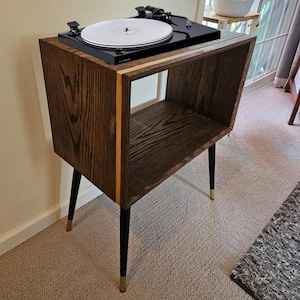 Luxe Mid Century Modern Solid Hardwood Vinyl Record Player Stand & Storage Console