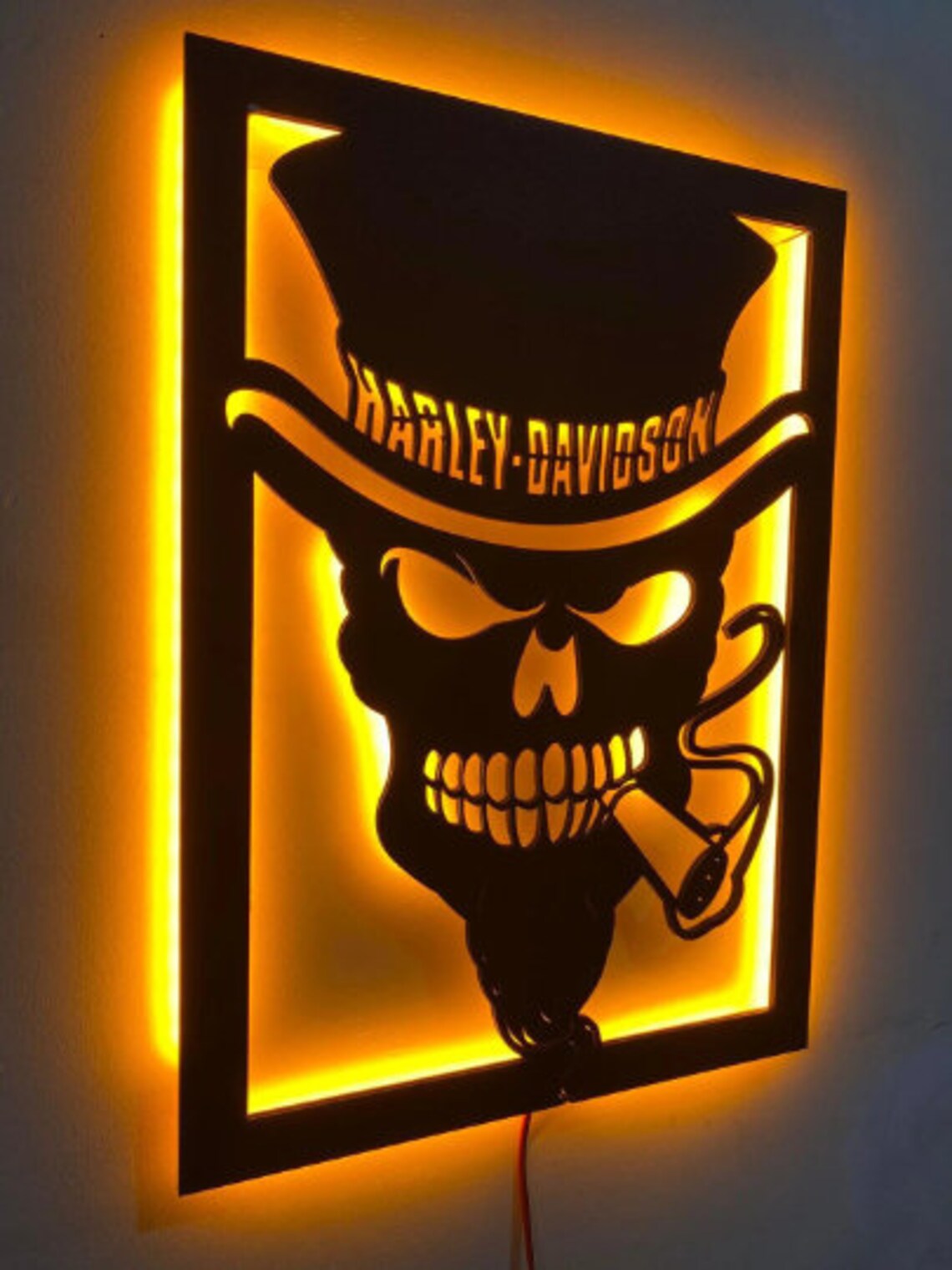 Harley Davidson Wall Artlighted Harley Davidson Skullbirhday Etsy