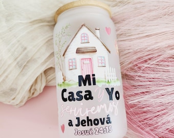 Christian Spanish glass can cup 16oz, Textos bíblicos vaso glass can cup 16oz, Mensaje cristiano frosted glass can cup 16oz