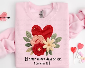 El amor nunca deja de ser Crochet PNG, Christian Woman Clipart, Faith Sublimation Design, Spanish Christian Quote, Religious T Shirt Design
